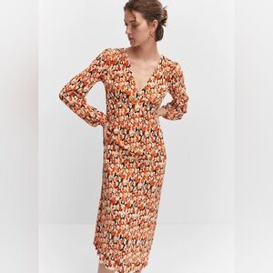 Mango Women’s Floral Print Textured Long Sleeve Maxi Dress Orange/Cream Sz 6